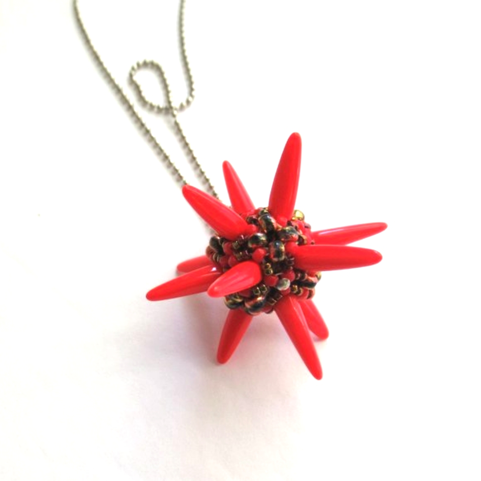 Handwoven Red Spiked Beaded Bead Pendant 65$